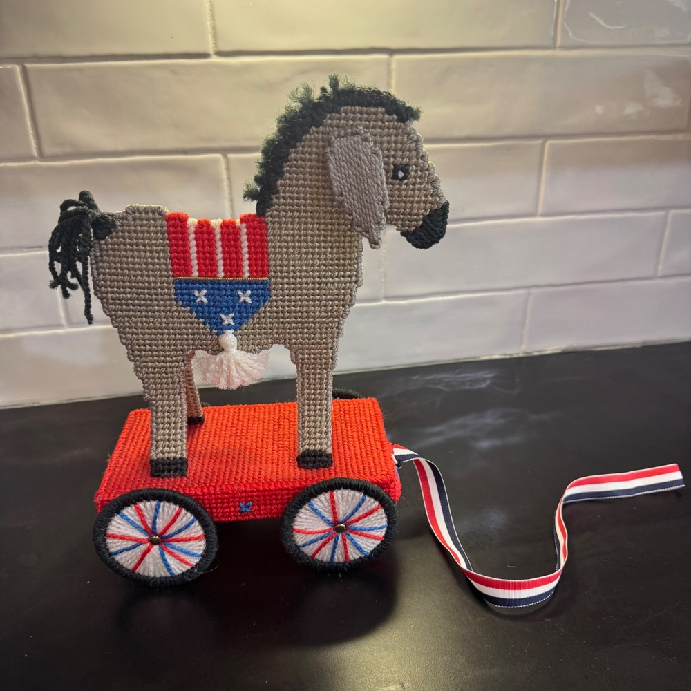 Handmade Needlepoint Donkey Folk Art Decor 12in Gray Red Blue Patriotic B-17